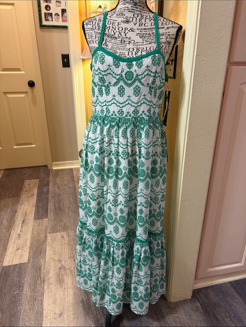 Adrianna Papell ivory and green eyelet Midi Dress smocked back